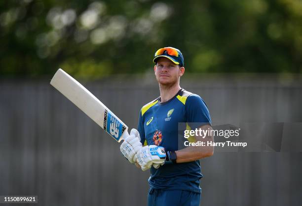 Steve Smith of Australia warm up during the One Day International match between Australia and West Indies at the Ageas Bowl on May 22, 2019 in...