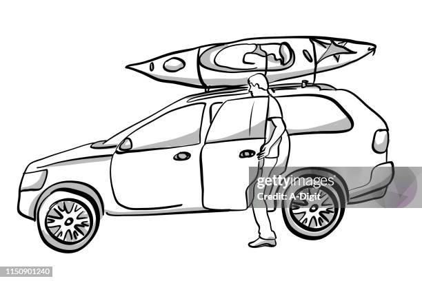 kayak on the car - people on canoe clip art stock illustrations