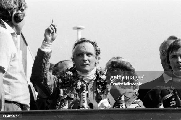Niki Lauda, driving a Marlboro-McLaren, wins the British Grand Prix at Brands Hatch. Lauda, world champion in 1975 and 1977, moved up into third...