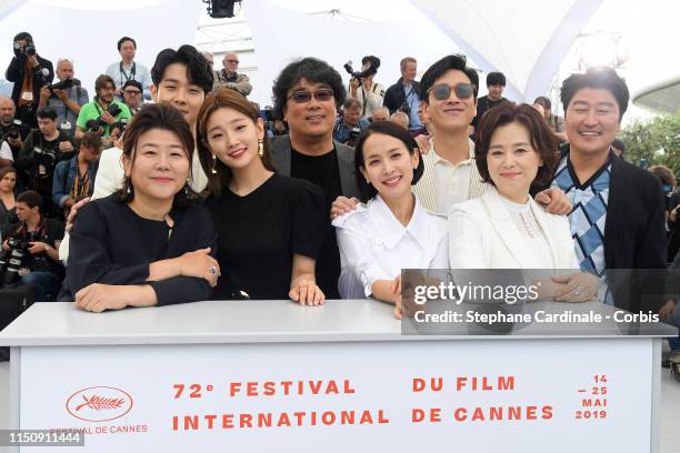 Front Row: Lee Jung-Eun, Park So-dam, Cho Yeo-jeong and Chang Hyae-Jin, Back Row: Choi Woo-shik, Bong Joon-Ho, Lee Sun-kyun and Song Kang-ho attend...