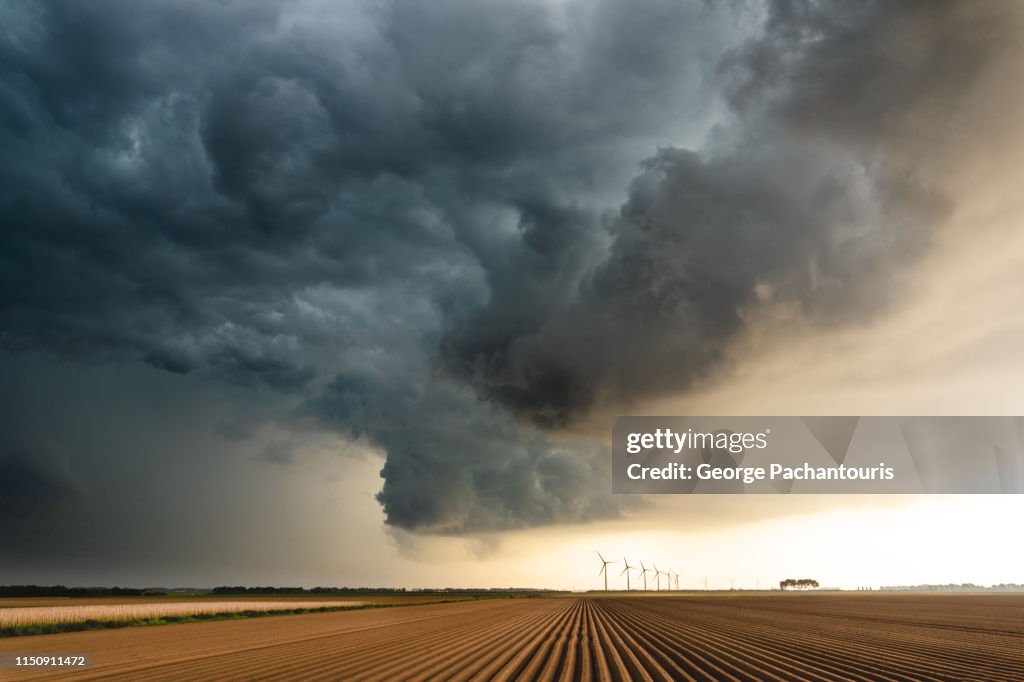 Dark clouds over an agricultural field