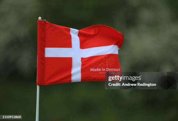 Close-up of a Made in Denmark pin flag during the Pro Am event prior to the start of the Made in Denmark at Himmerland Golf & Spa Resort on May 22,...