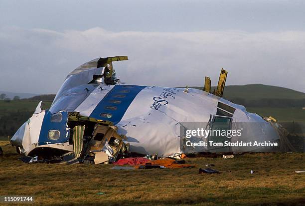 Cockpit wreckage of Pan Am Flight 103 after it crashed onto the town of Lockerbie in Scotland, 22nd December 1988. On 21st December 1988, the Boeing...