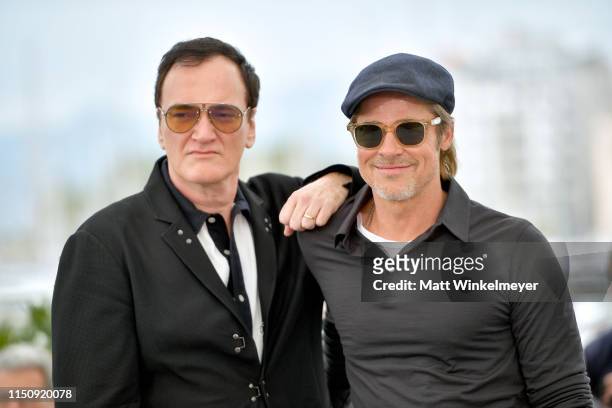 Director Quentin Tarantino and Brad Pitt attend the photocall for "Once Upon A Time In Hollywood" during the 72nd annual Cannes Film Festival on May...
