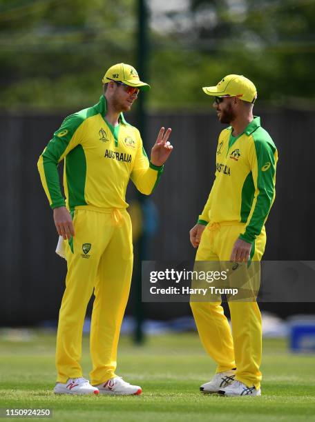 Steve Smith and David Warner of Australia chat during the One Day International match between Australia and West Indies at the Ageas Bowl on May 22,...