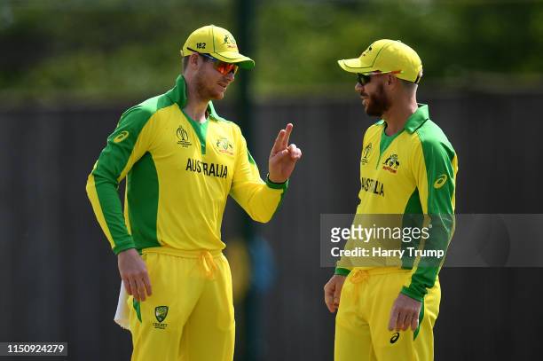 Steve Smith and David Warner of Australia chat during the One Day International match between Australia and West Indies at the Ageas Bowl on May 22,...