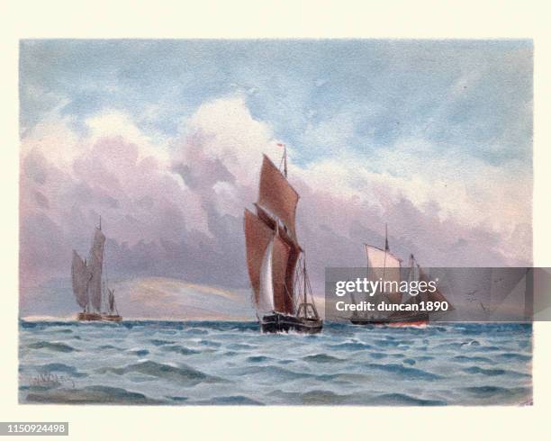 illustrations, cliparts, dessins animés et icônes de boulogne-bagers (bateaux de pêche) au large de la côte français, 19ème siècle - nord pas de calais