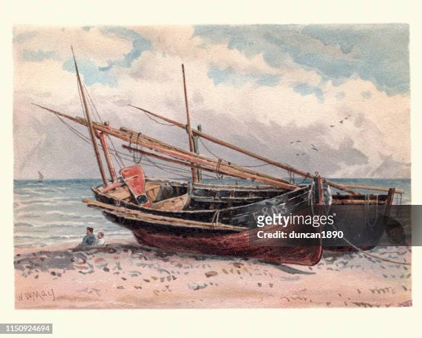 french fishing boats, etretat, normandy, 19th century - 19th century stock illustrations