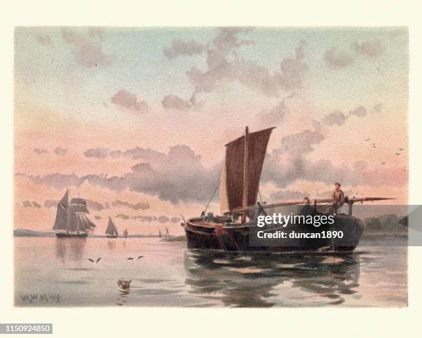 傳統駁船下降的麥德威, 維多利亞時代, 19世紀 - river medway 幅插畫檔、美工圖案、卡通及圖標