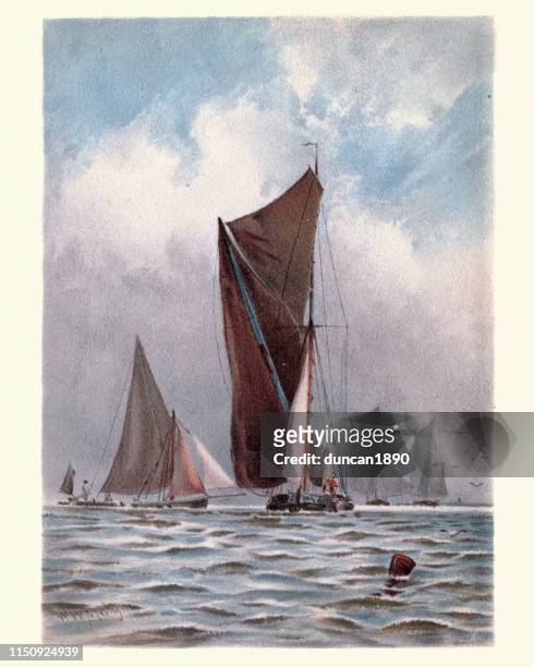 barges on the thames, victorian, 19th century - sailboat painting stock illustrations