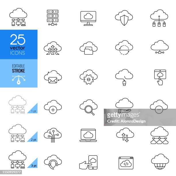 stockillustraties, clipart, cartoons en iconen met bewerkbare stroke-pictogrammen voor cloud computing - computervectorbestanden