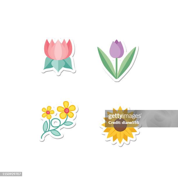 cute flower icon in flat design - cherry blossoms - leaf shadow stock illustrations