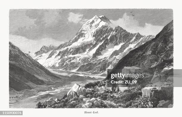 mount cook/aoraki, southern alps, new zealand, wood engraving, published 1897 - glacier stock illustrations