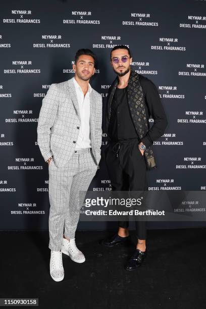 Maxime Mermoz and Julien Guirado arrive at Diesel 'Spirit of the Brave' Perfume Launch Party at Salle Wagram on May 21, 2019 in Paris, France.