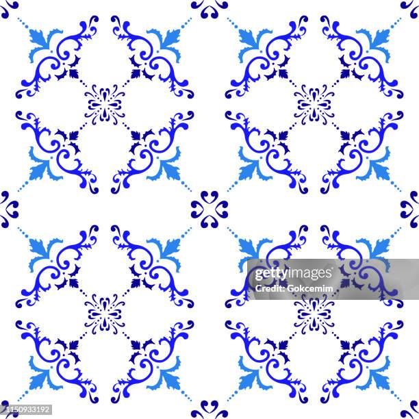 vector tile pattern, lisbon arabic floral mosaic, mediterranean seamless navy blue ornament - spanish culture stock illustrations