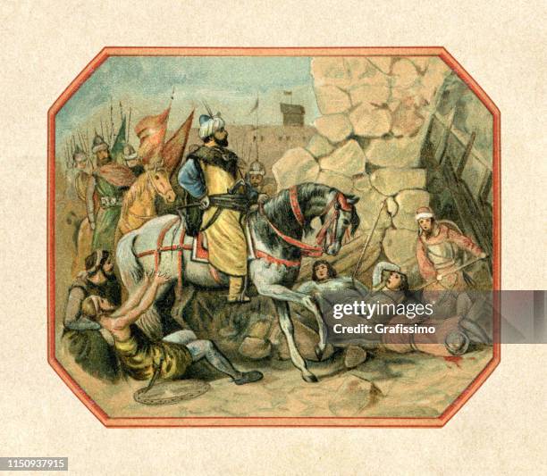 illustrazioni stock, clip art, cartoni animati e icone di tendenza di mehmed ii il conquistatore a costantinopoli 1453 - assedio