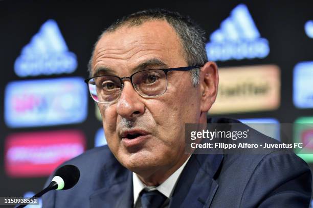 Maurizio Sarri speaks during the press conference on June 20, 2019 in Turin, Italy.