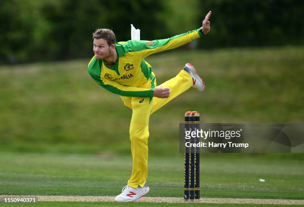 Steve Smith of Australia bowls during the One Day International match between Australia and West Indies at the Ageas Bowl on May 22, 2019 in...