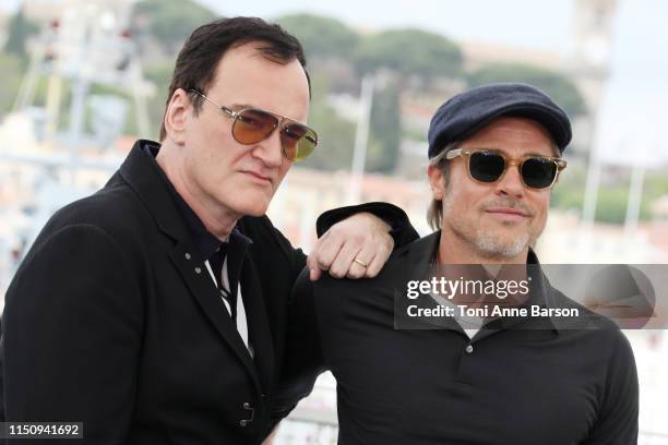 Quentin Tarantino and Brad Pitt attend theÂ photocall for "Once Upon A Time In Hollywood" during the 72nd annual Cannes Film Festival on May 22, 2019...