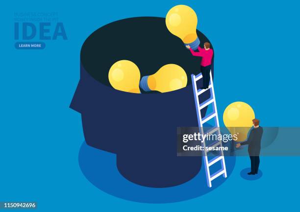 business idea, businessman puts the light bulb into the brain - filling stock illustrations