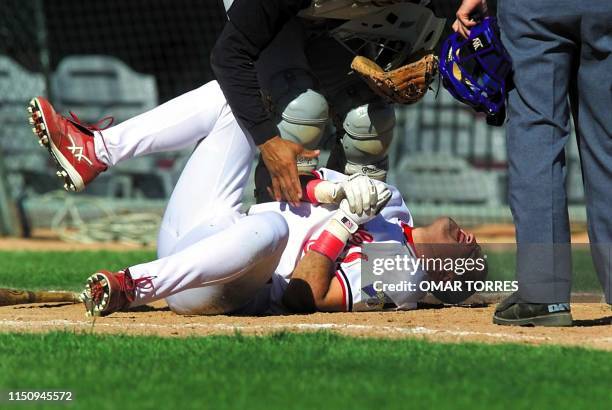 The second baseman of Venezuela and the New York Yankees stopper, Luis Sojo holds his left hand after he was hit by the ball 03 February 2001 in a...