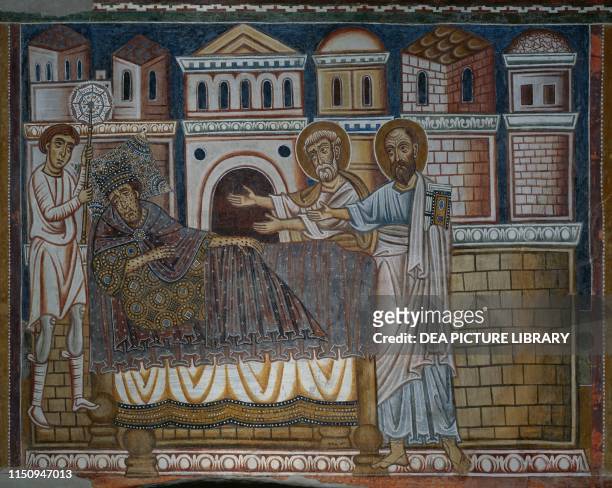Emperor Constantine, suffering from leprosy, dreaming of St Peter and St Paul fresco in St Sylvester Oratory, inside Santi Quattro Coronati Basilica...