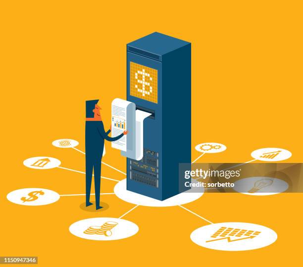 analytics - businessman - man in server room stock illustrations