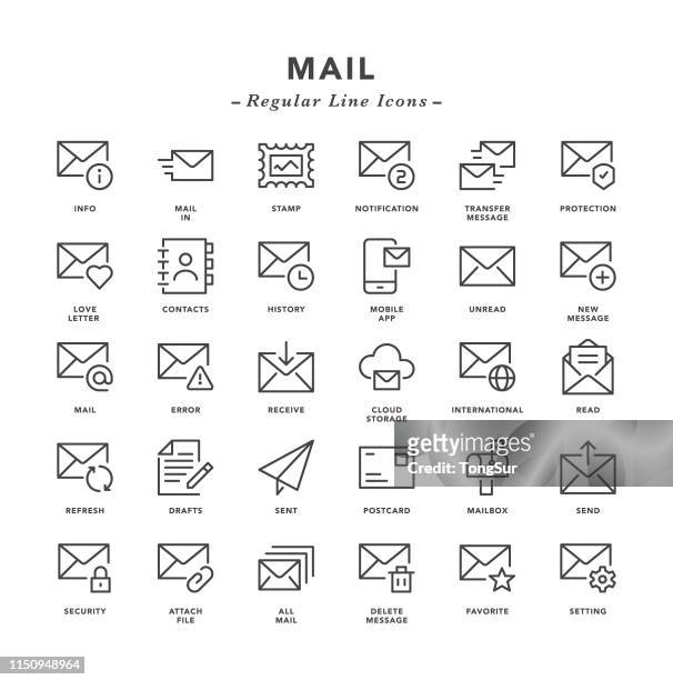 ilustraciones, imágenes clip art, dibujos animados e iconos de stock de correo-iconos de línea regulares - almacenamiento en nube