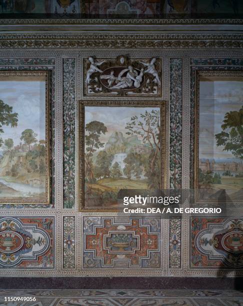 Frescoed landscapes in the Parnassus Room, Villa Aldobrandini, Frascati, Lazio, Italy, 16th-17th century.