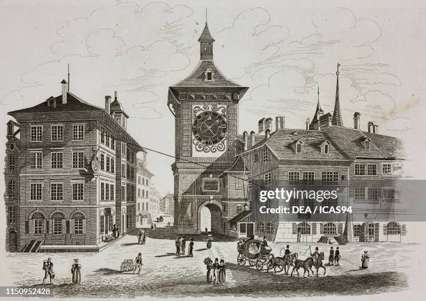 Clock Tower, Bern, engraving from La Svizzera pittoresca e i suoi dintorni by Alexandre Martin, Mendrisio, 1838.