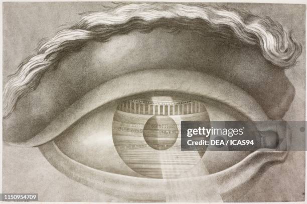 Colonnade and friezes reflecting in the iris and pupil of an eye, engraving from a drawing by Le Doux, from L'architecture consideree sous le rapport...