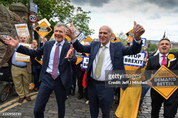 Liberal Democrat Leader Vince Cable and Willie Rennie attend a rally with activists and campaigners on May 22, 2019 in Edinburgh,Scotland. The Lib...