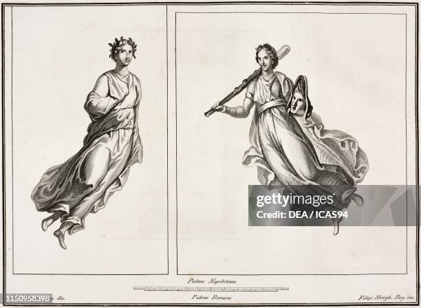 Melpomene, the Muse of Tragedy, holding a tragic mask and Hercules' club ; Polyhymnia, the Muse of the Mime , Herculaneum, Campania, Italy, engraving...