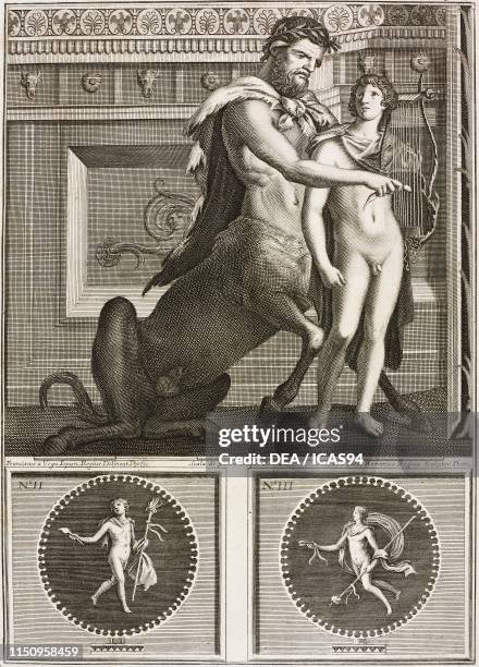 The centaur Chiron teaching the young Achilles to play cithara; in the lower part, two tondi with Maenads, Herculaneum, Campania, Italy, engraving by...