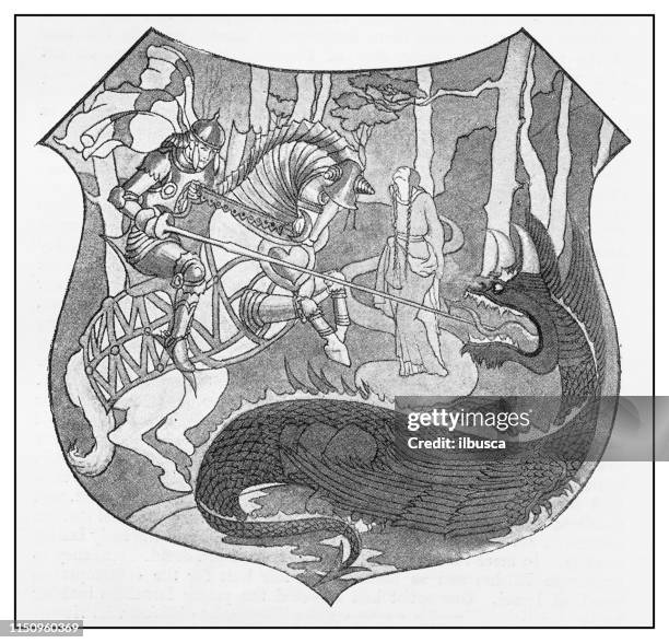 antique illustration: st george and the dragon - st george stock illustrations