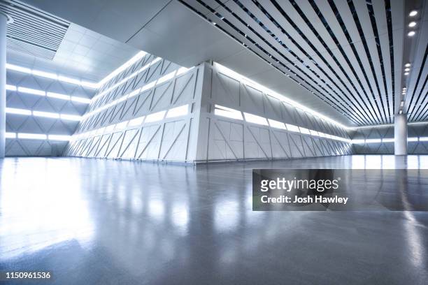 futuristic empty room, 3d rendering - airport terminal interior fotografías e imágenes de stock