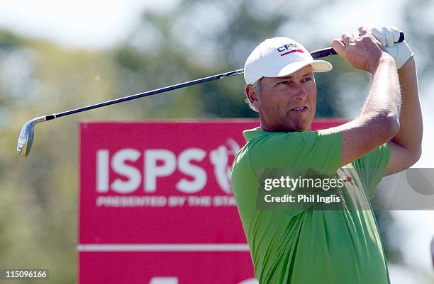 Mike Harwood of Australia in action during the first round of the Handa Senior Masters presented by The Stapleford Forum played at Stapleford Park on...