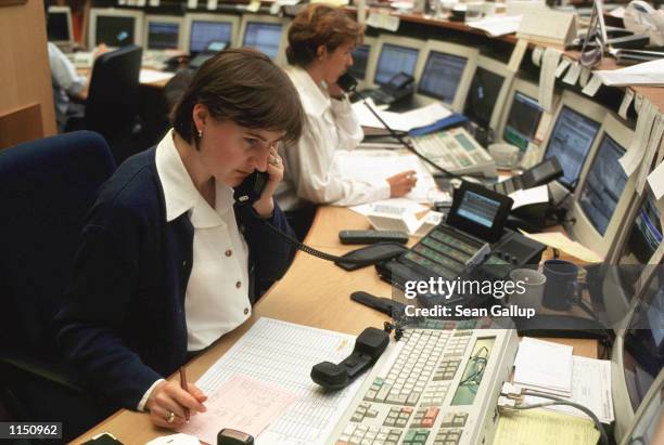 Trading room for stocks, bonds, currency, etc., at Czech bank CSOB, Prague, Czech Republic May 6th, 1998.