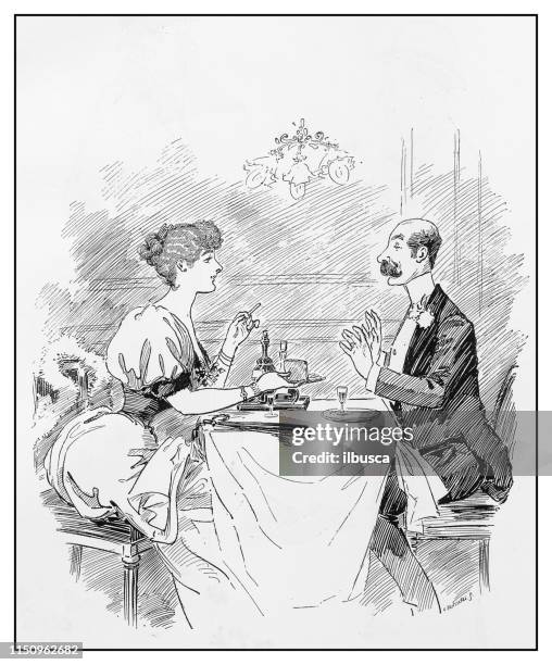 antique illustration: couple dinner - restaurant happy couple stock illustrations