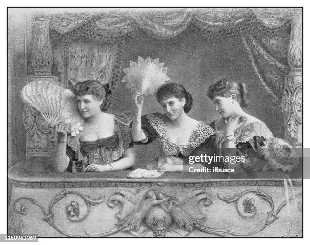 antique illustration: the opera box - watching movie stock illustrations