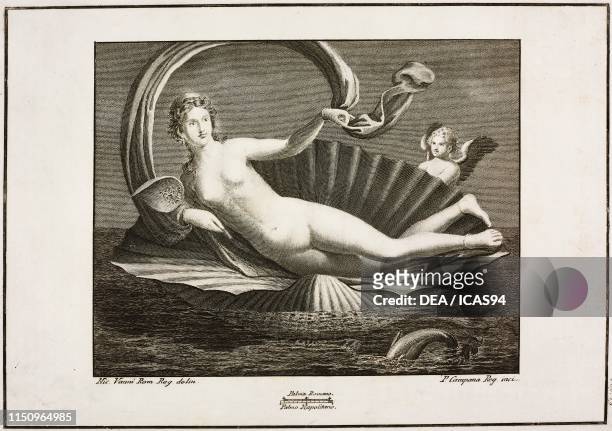 Venus lying in the shell, behind her Cupid, Herculaneum, Campania, Italy, engraving by Pietro Campana from a drawing by Vanni, from Le antichita di...