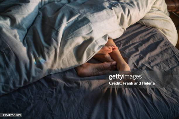 couple's feet sticking out from under duvet in bed - voet stockfoto's en -beelden