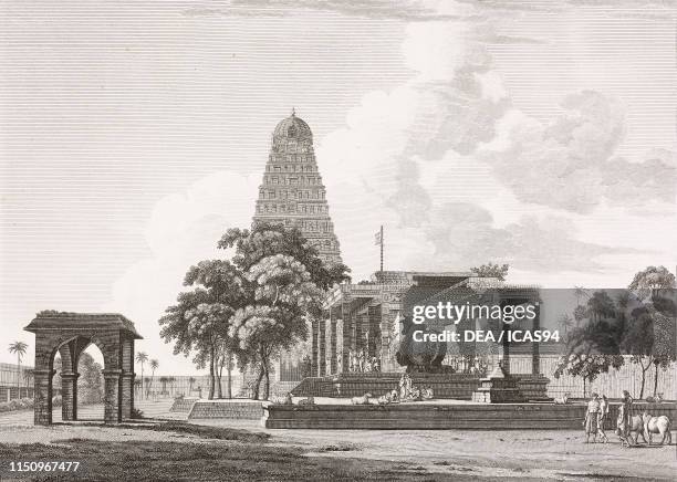 The big bull at Brihadisvara Temple, Thanjavur, India, engraving by Gossard from a drawing by Daniell, from Monuments anciens et modernes de...