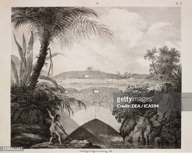 Stone bridge with low parapets and gutters for the discharge of the water, Tehuantepec, Oaxaca, Mexico, Zapotec civilization, engraving from...