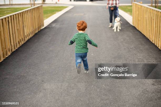 boy running towards mother and pet puppy - huir fotografías e imágenes de stock