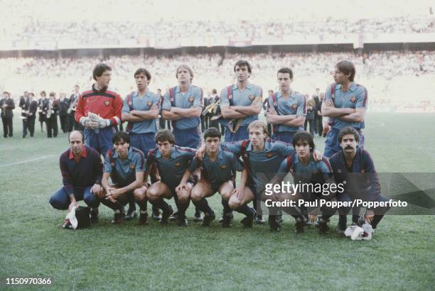 View of the FC Barcelona team squad pictured prior to playing Steaua Bucuresti in the 1986 European Cup Final at the Ramon Sanchez Pizjuan Stadium in...