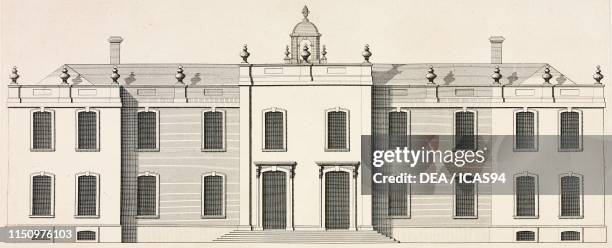 East facade of Beddington Place also known as Carew Manor, London Borough of Sutton, United Kingdom, engraving by Henry Hulsbergh from a drawing by...