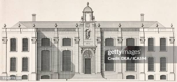 Western facade of Beddington Place also known as Carew Manor, London Borough of Sutton, United Kingdom, engraving by Henry Hulsbergh from a drawing...