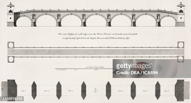 Project for a bridge over the Thames near Lambeth, London, United Kingdom, Architect Campbell, engraving by Henry Hulsbergh from a drawing by...