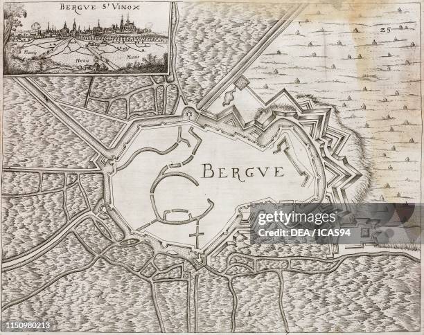 Map of the city of Bergues, France, engraving from Il teatro del Belgio con le piante delle citta e fortezze principali , by Galeazzo Gualdo...